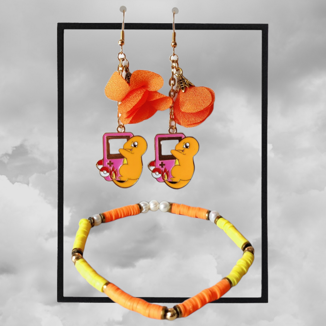 Charmander Pokémon earrings and bracelet set