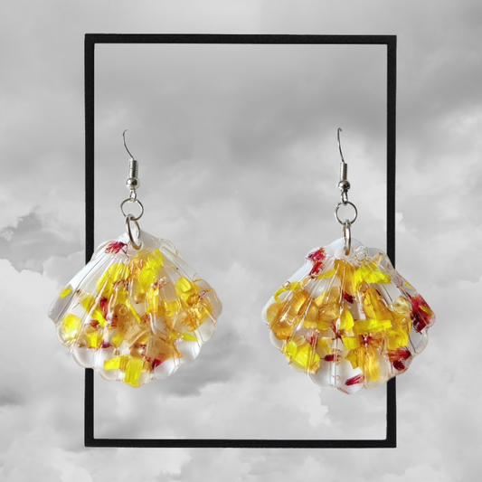 Under the sea dried flower sea shell Earrings yellow coral