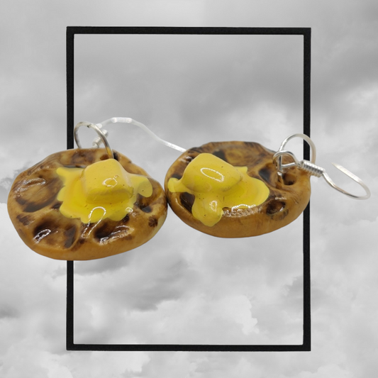 Fun topped American waffle polymer clay earrings - butter & maple syrup waffle