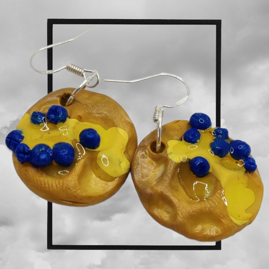 Fun topped American waffle polymer clay earrings - blueberry butter & syrup waffle