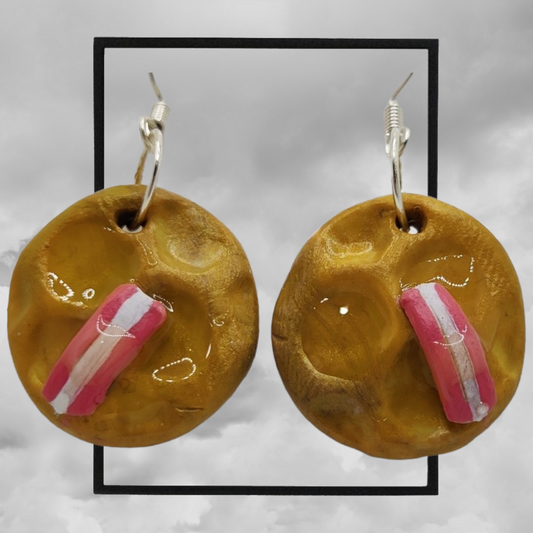 fun topped American waffle polymer clay earrings - bacon maple syrup waffle