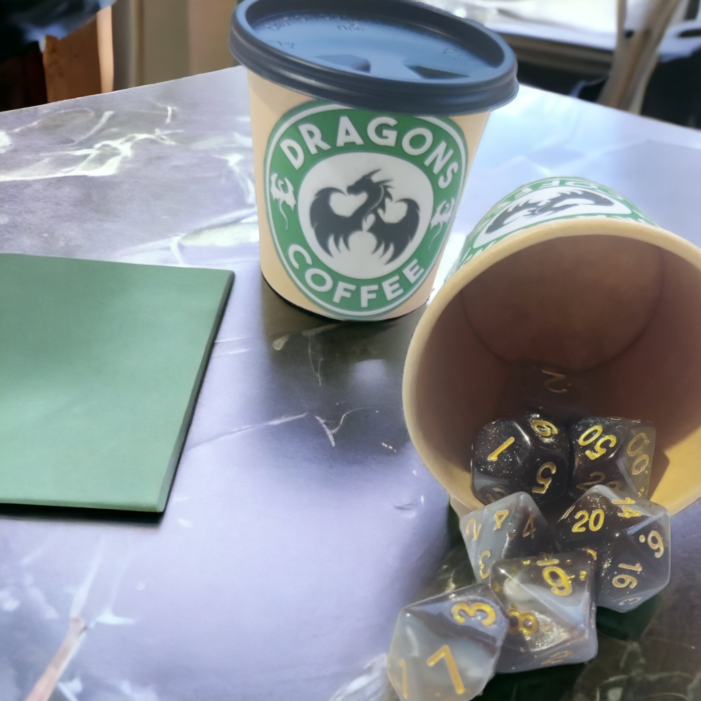 Dragon coffee d&d tabletop gaming dice - latte