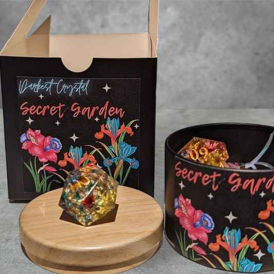 "secret garden" themed tabletop roleplay gaming dice gift set