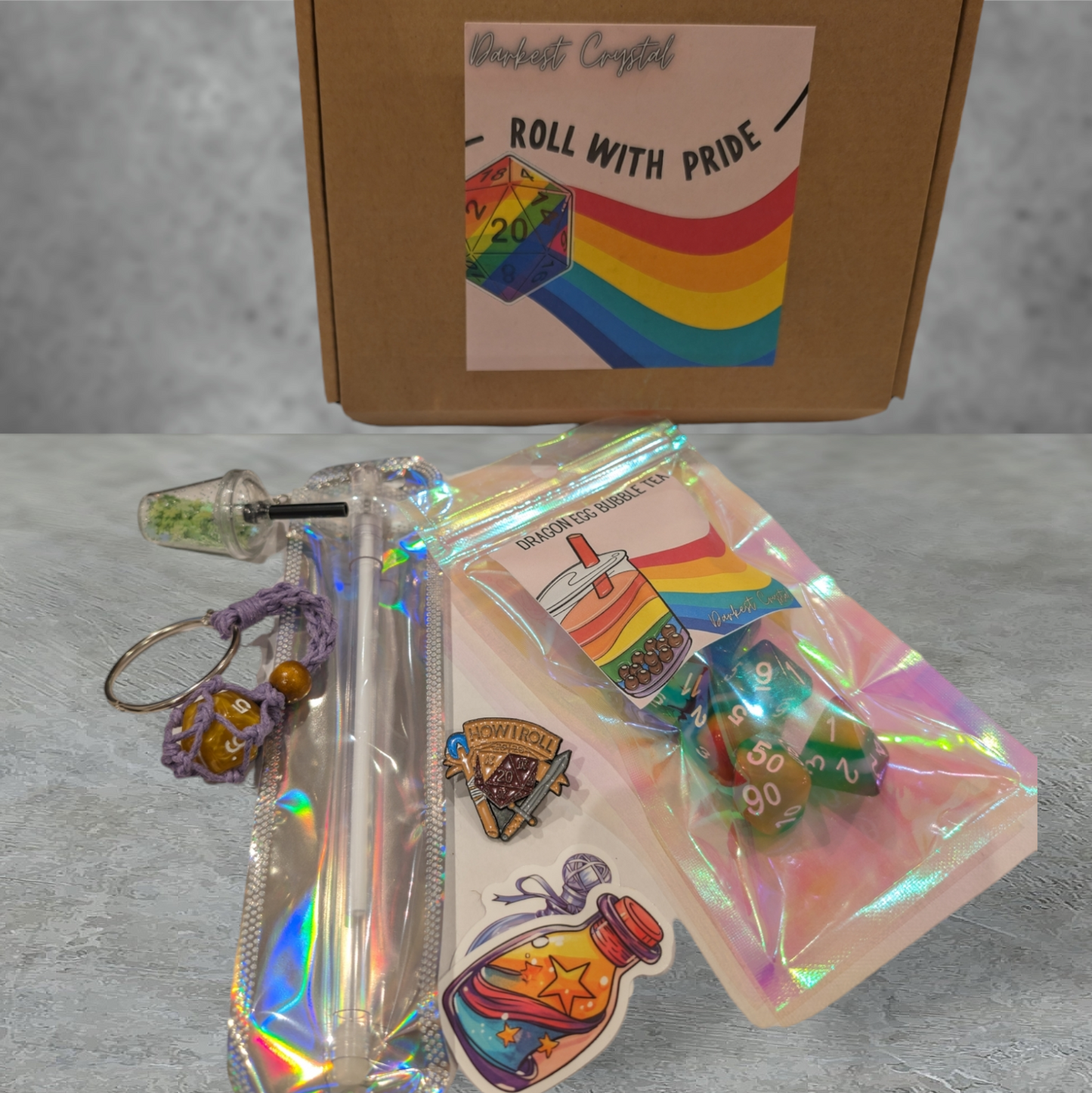 "roll with pride, bubble tea" tabletop roleplay gaming dice