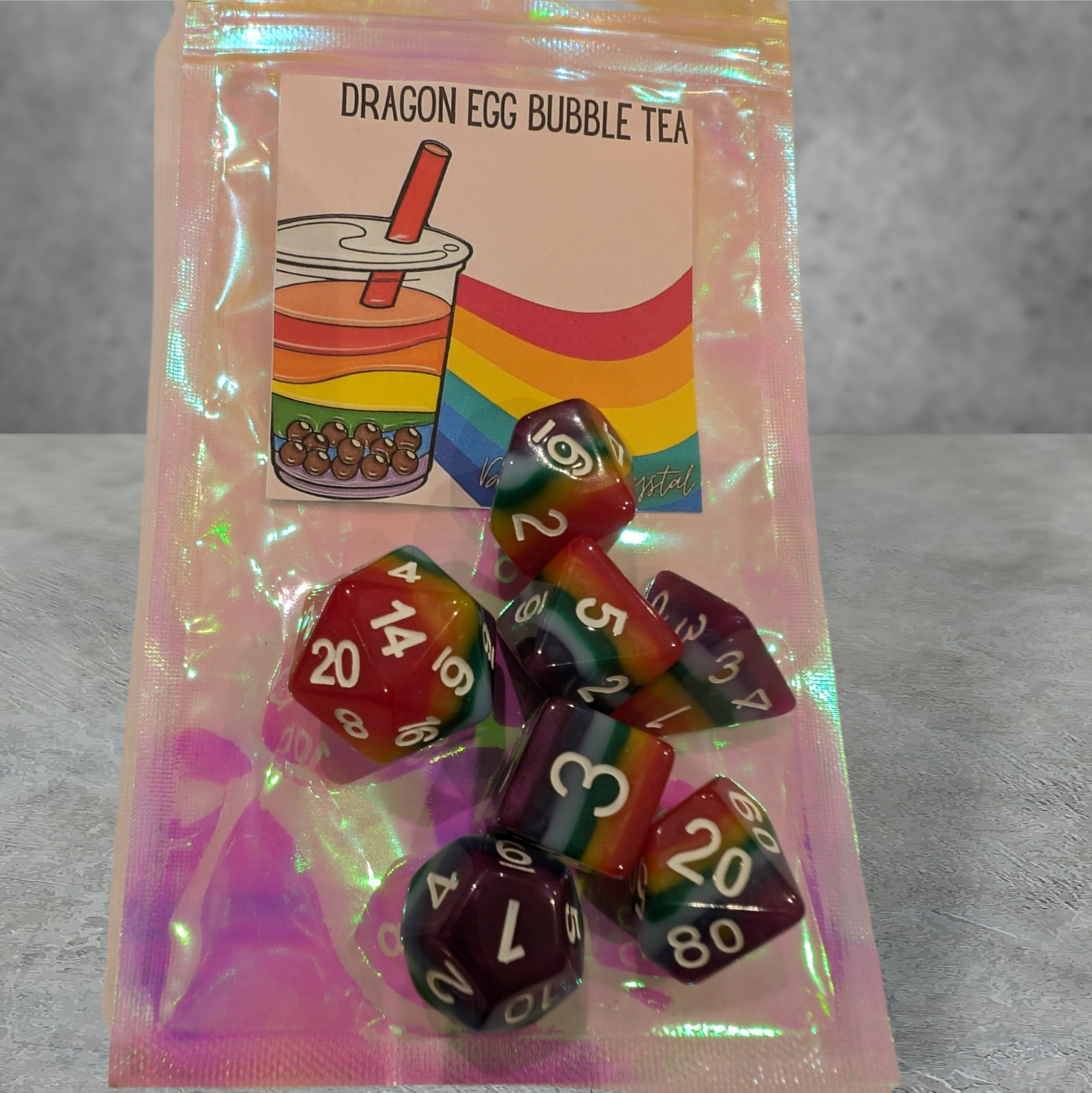 "roll with pride, bubble tea" tabletop roleplay gaming dice