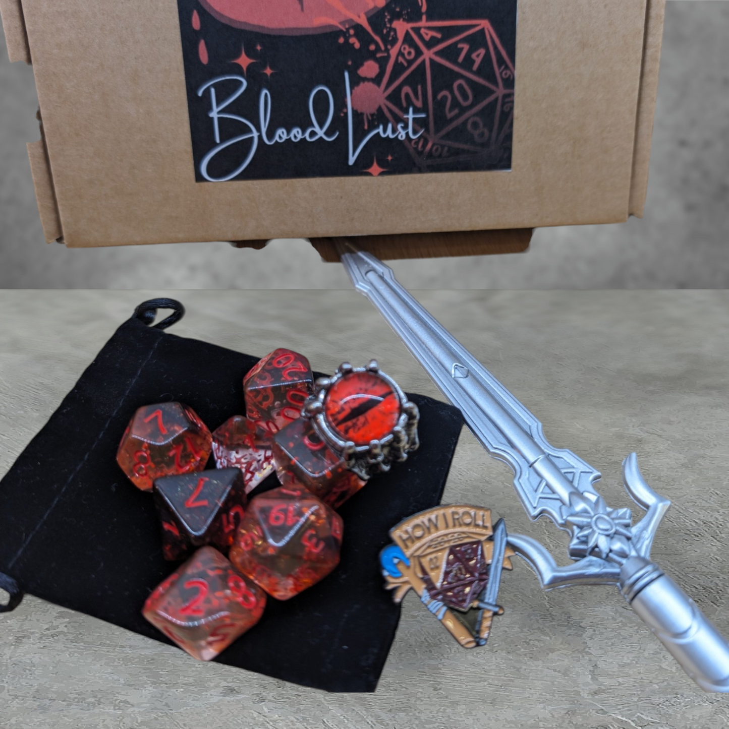 "blood lust" theme tabletop roleplay gaming dice gift set