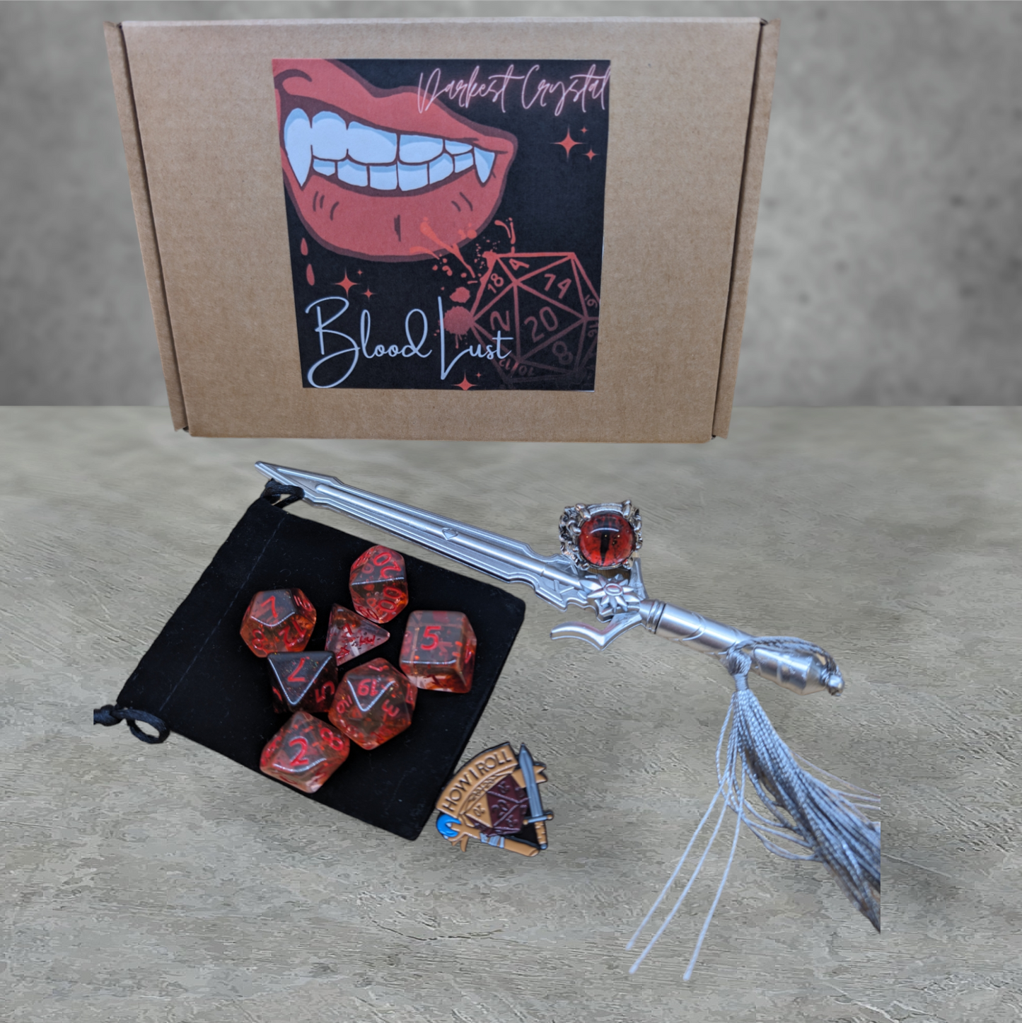 "blood lust" theme tabletop roleplay gaming dice gift set