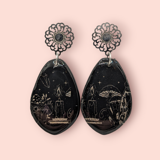 Gothic black flame candle, mushroom,crystal, spellbinding style earrings