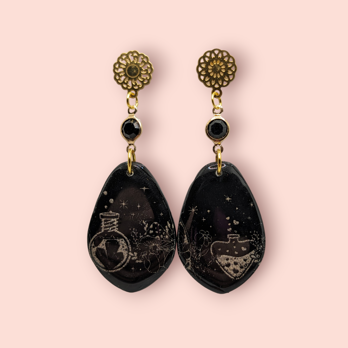 Gothic spell bottle crystal spellbinding tarot style earrings