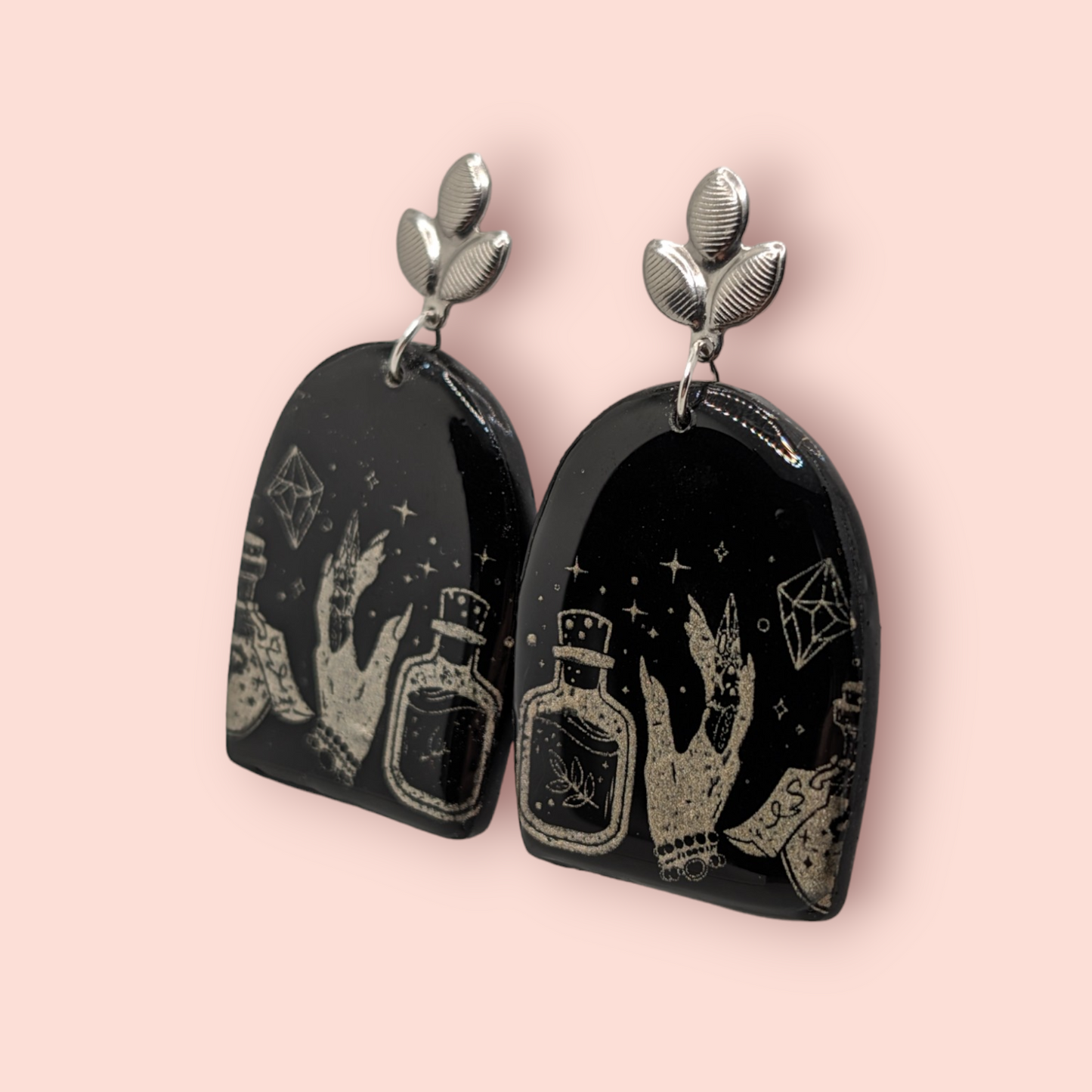 Gothic silver tarot hands crystal spellbinding style earrings