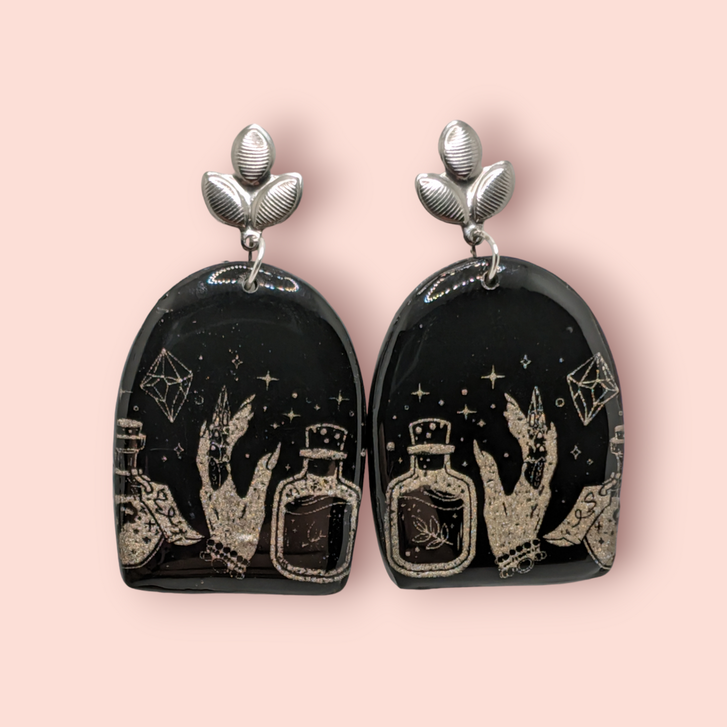 Gothic silver tarot hands crystal spellbinding style earrings