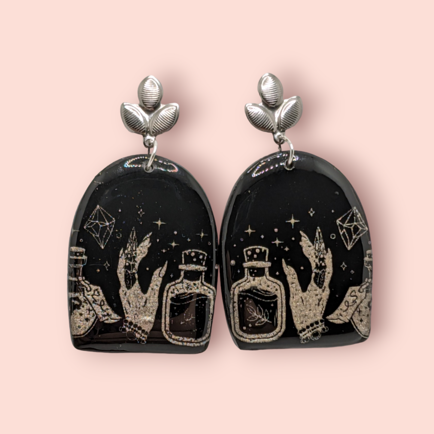 Gothic silver tarot hands crystal spellbinding style earrings