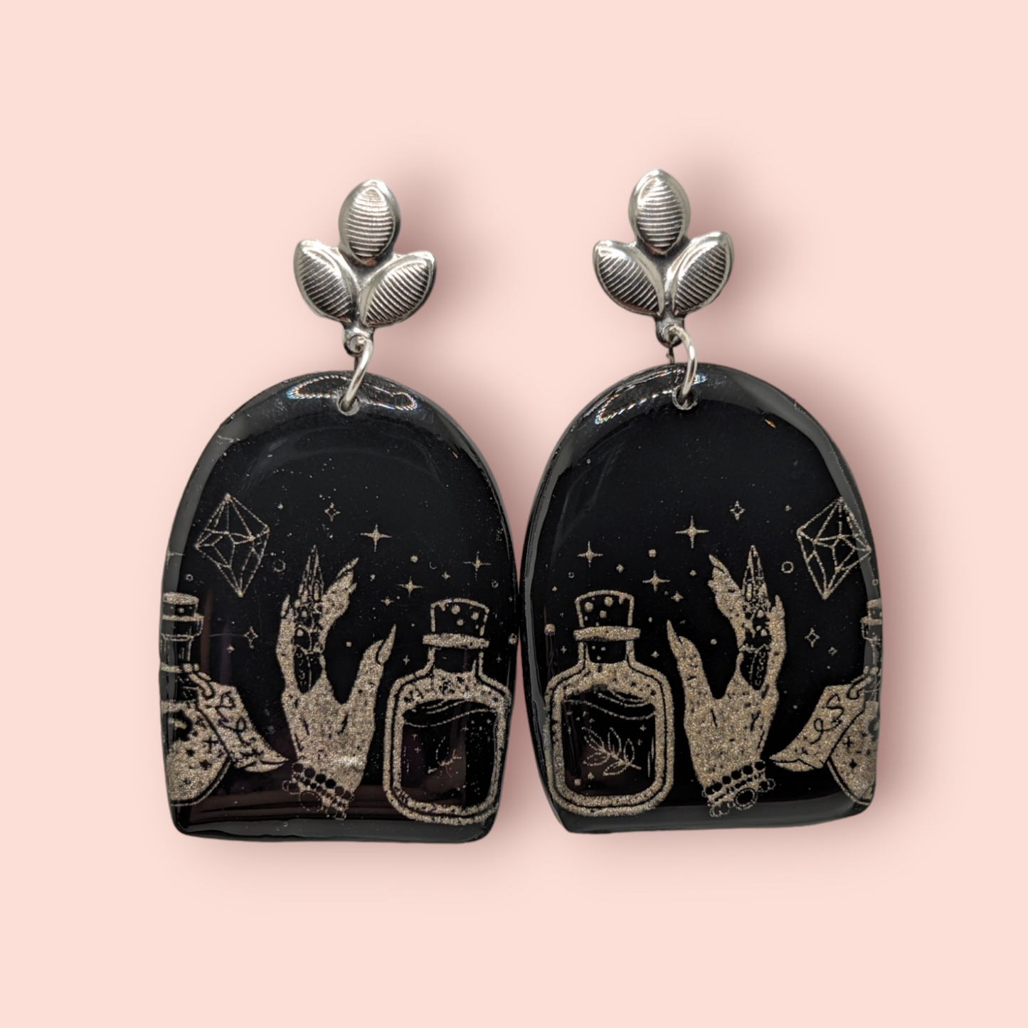 Gothic silver tarot hands crystal spellbinding style earrings