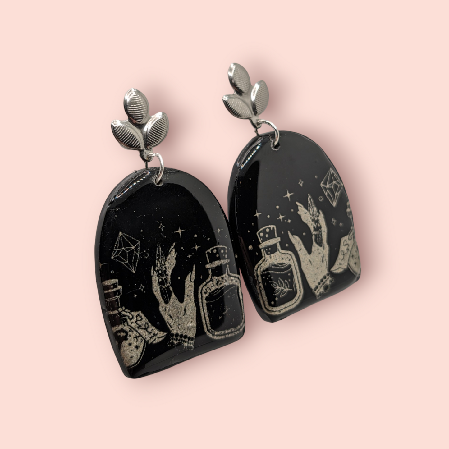 Gothic silver tarot hands crystal spellbinding style earrings