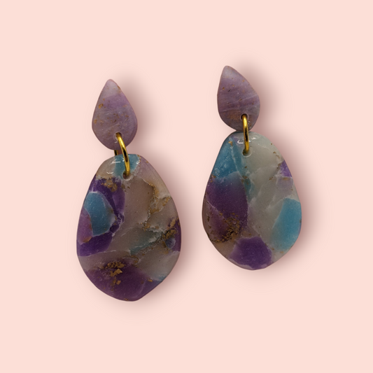 Fluorite fantasy collection polymer clay gemstone inspired drop earrings (droplet)