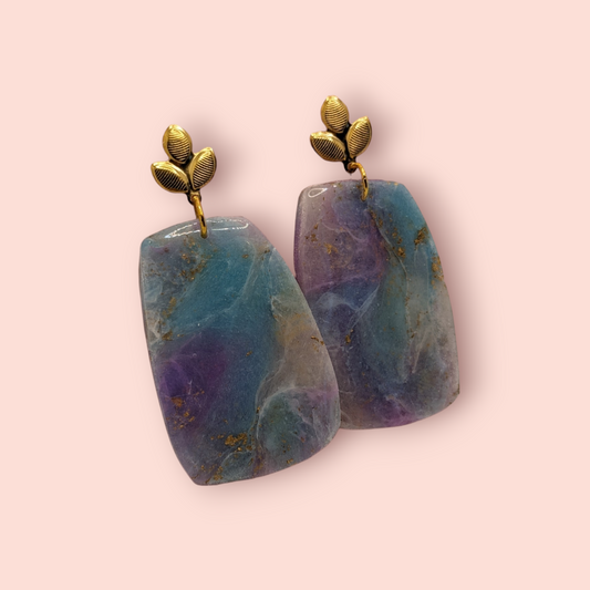 Fluorite fantasy collection polymer clay gemstone inspired drop earrings leaf