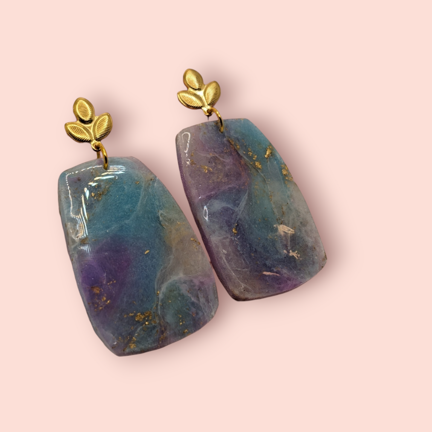 Fluorite fantasy collection polymer clay gemstone inspired drop earrings leaf