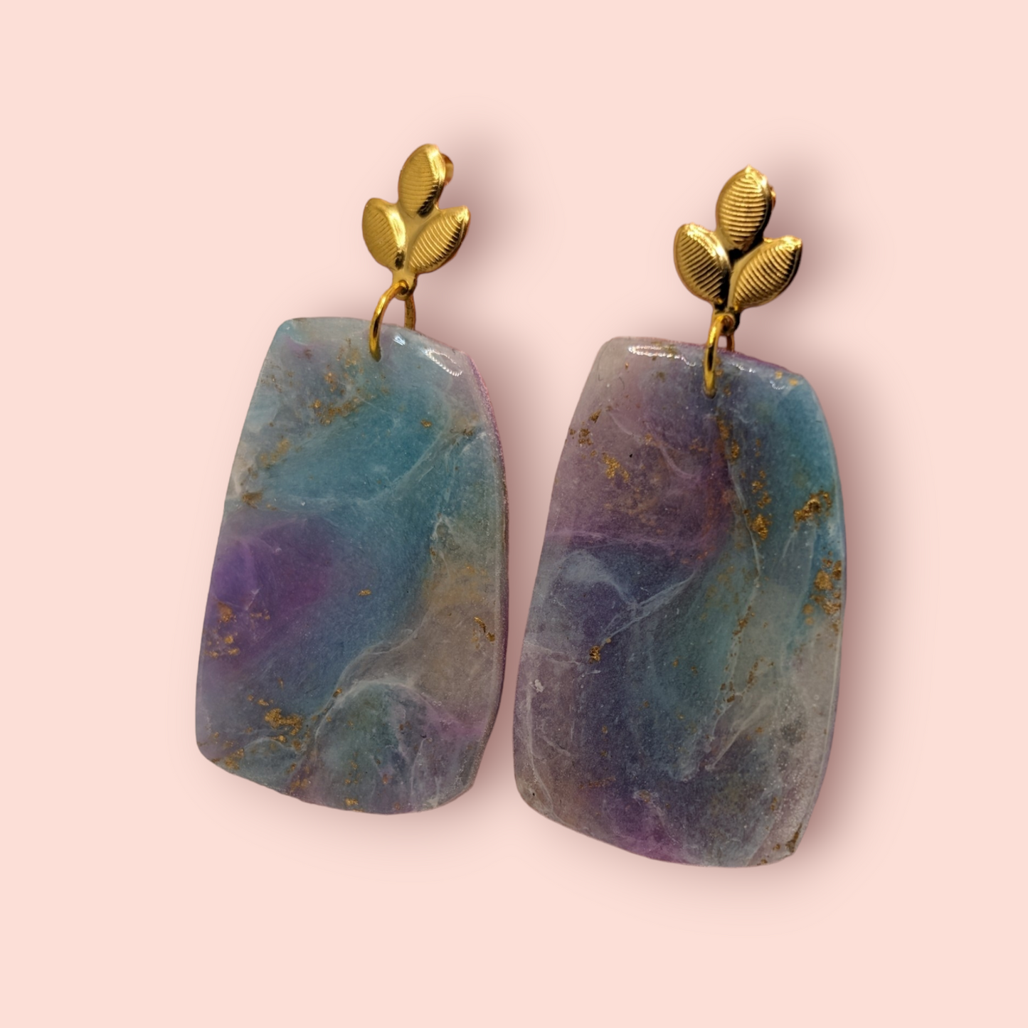 Fluorite fantasy collection polymer clay gemstone inspired drop earrings leaf