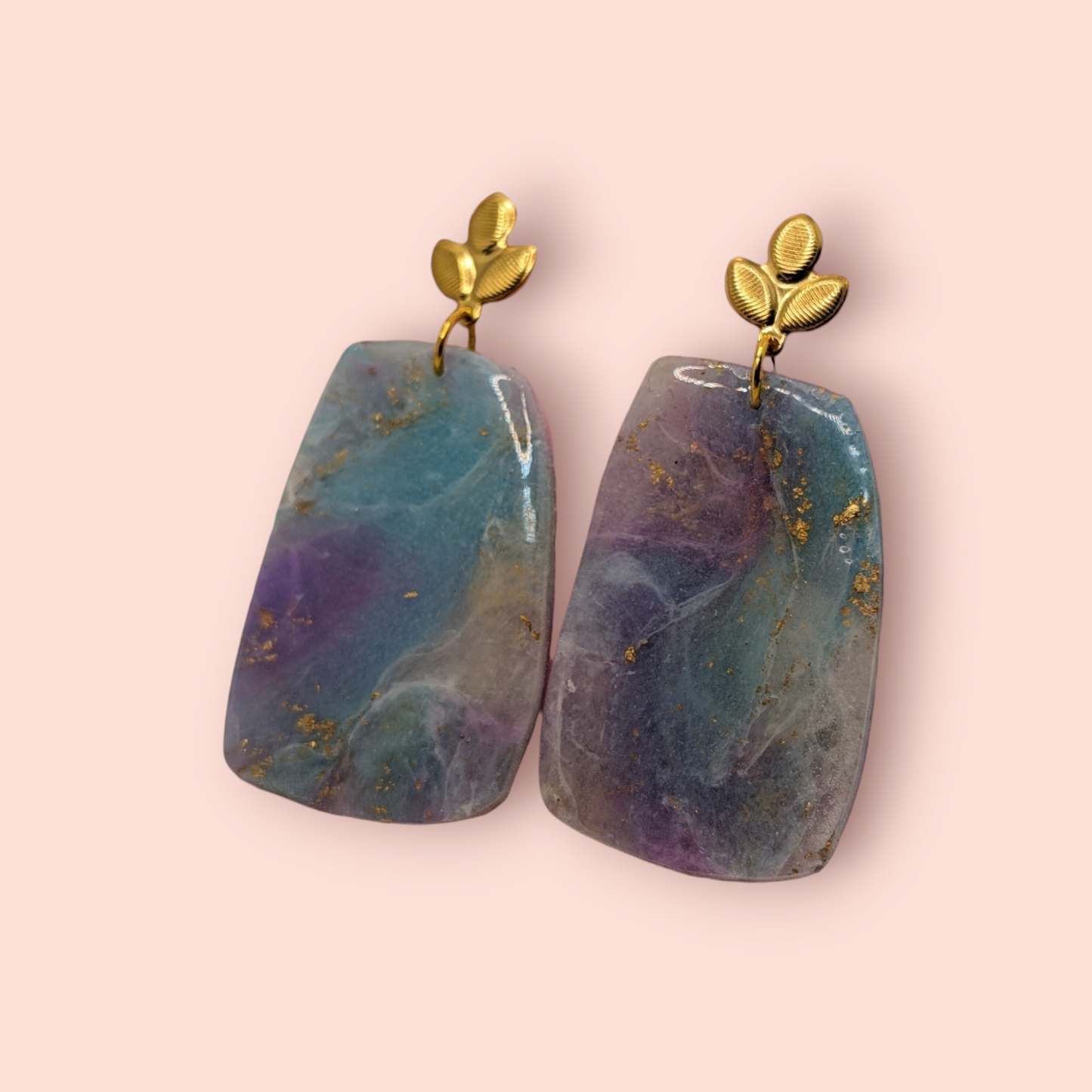 Fluorite fantasy collection polymer clay gemstone inspired drop earrings leaf