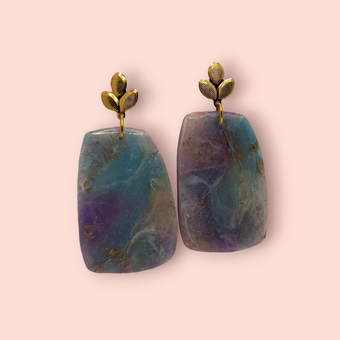 Fluorite fantasy collection polymer clay gemstone inspired drop earrings leaf