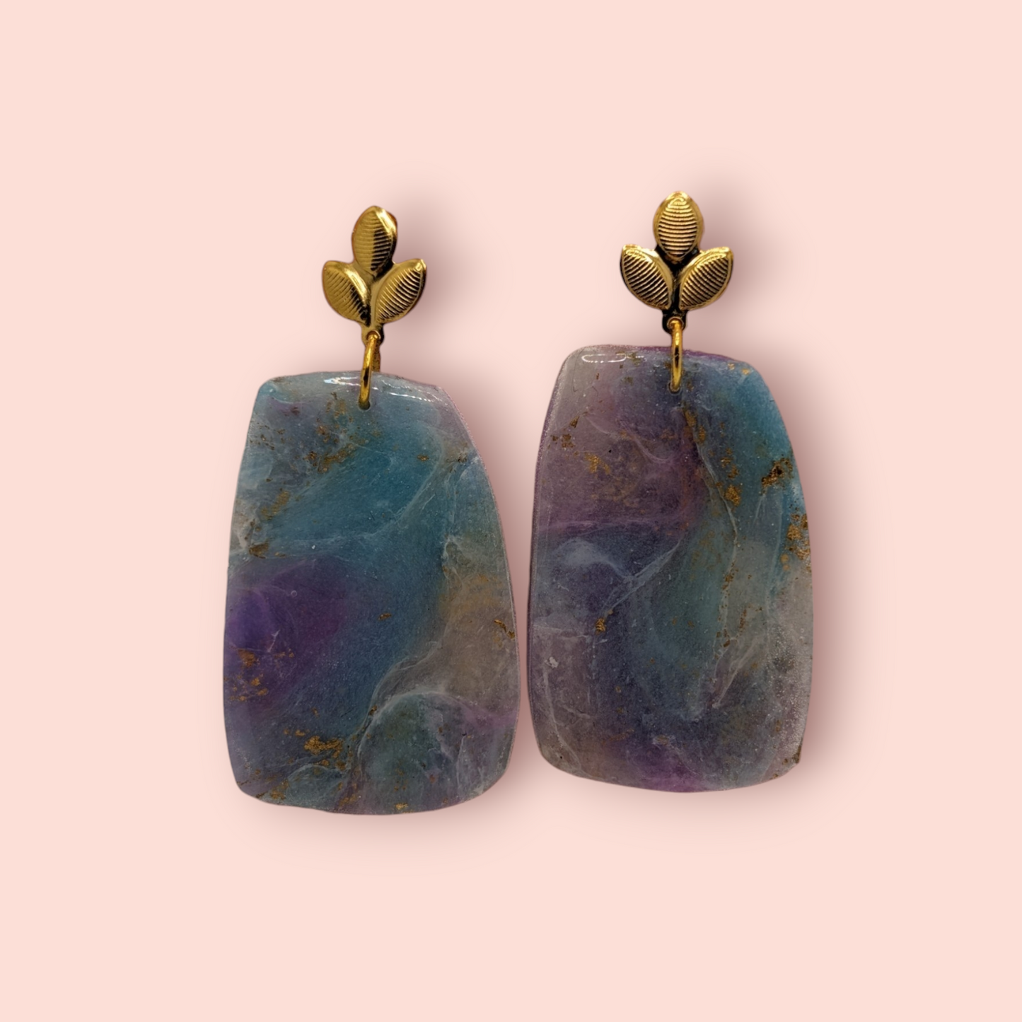 Fluorite fantasy collection polymer clay gemstone inspired drop earrings leaf