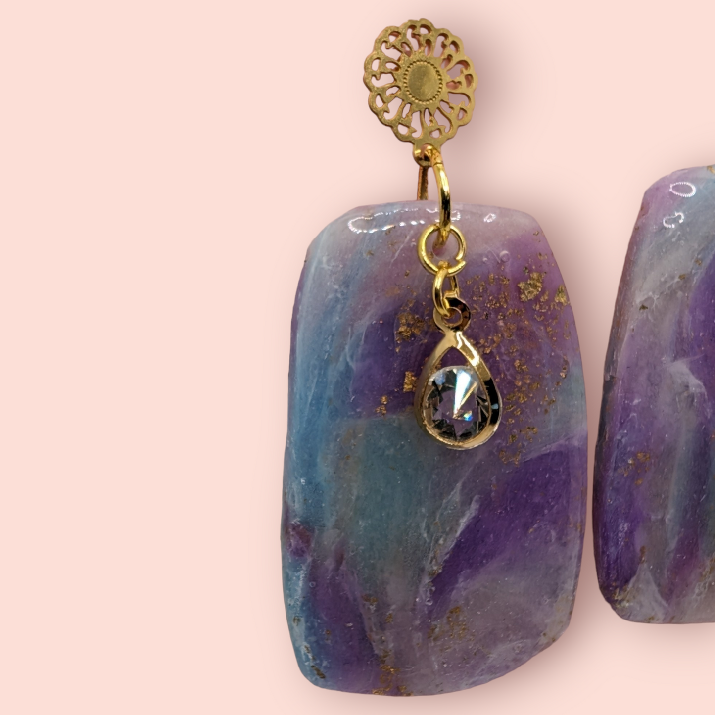 Fluorite fantasy collection polymer clay gemstone inspired drop earrings crystal