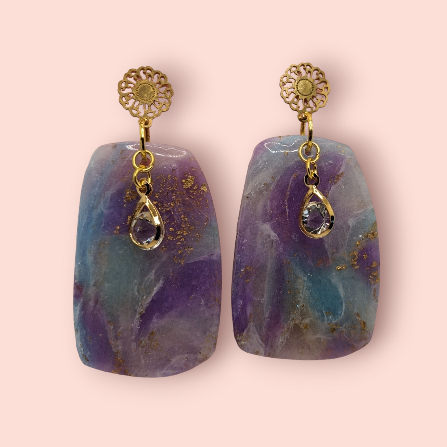 Fluorite fantasy collection polymer clay gemstone inspired drop earrings crystal