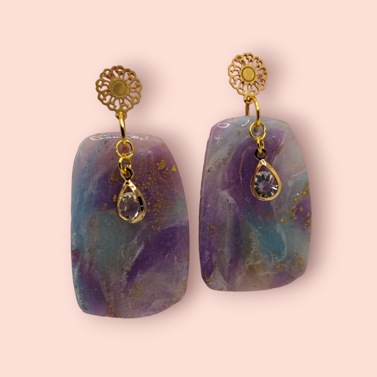 Fluorite fantasy collection polymer clay gemstone inspired drop earrings crystal