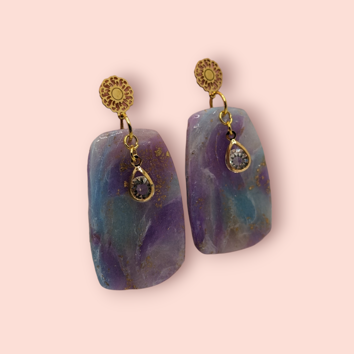 Fluorite fantasy collection polymer clay gemstone inspired drop earrings crystal