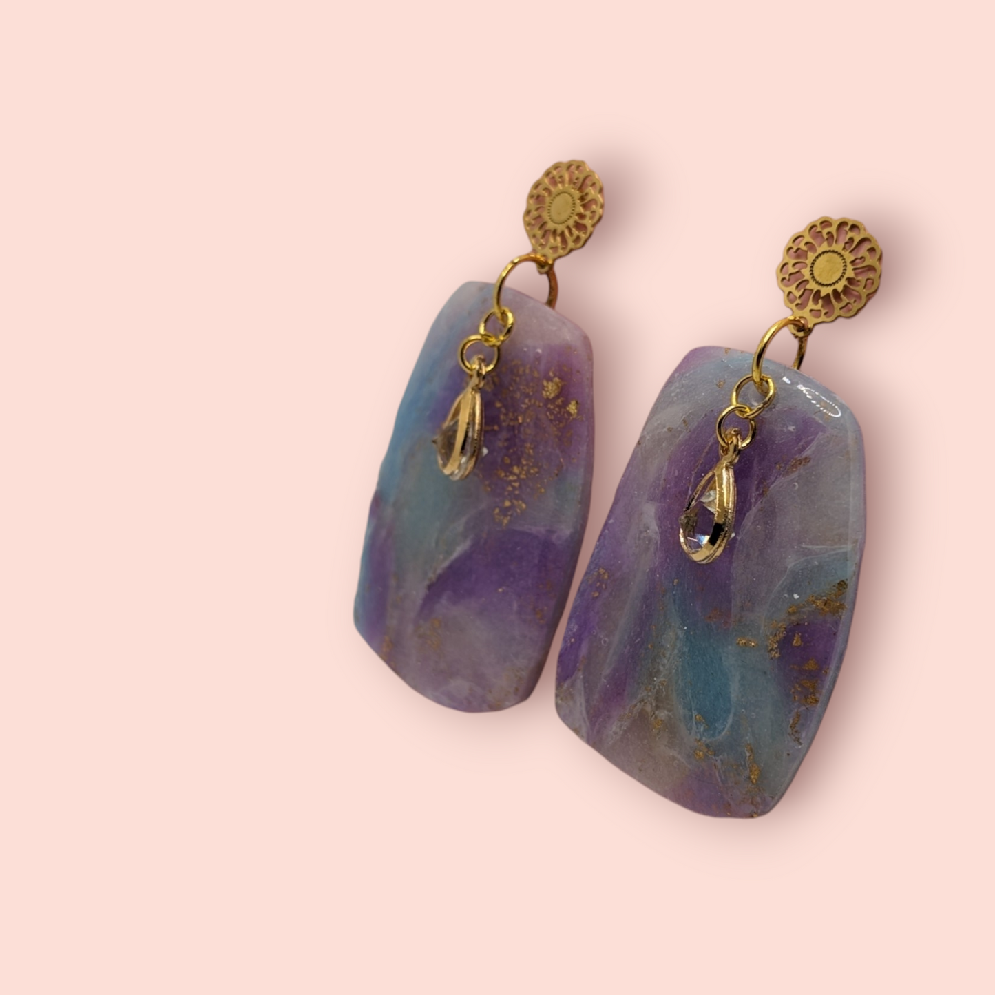 Fluorite fantasy collection polymer clay gemstone inspired drop earrings crystal