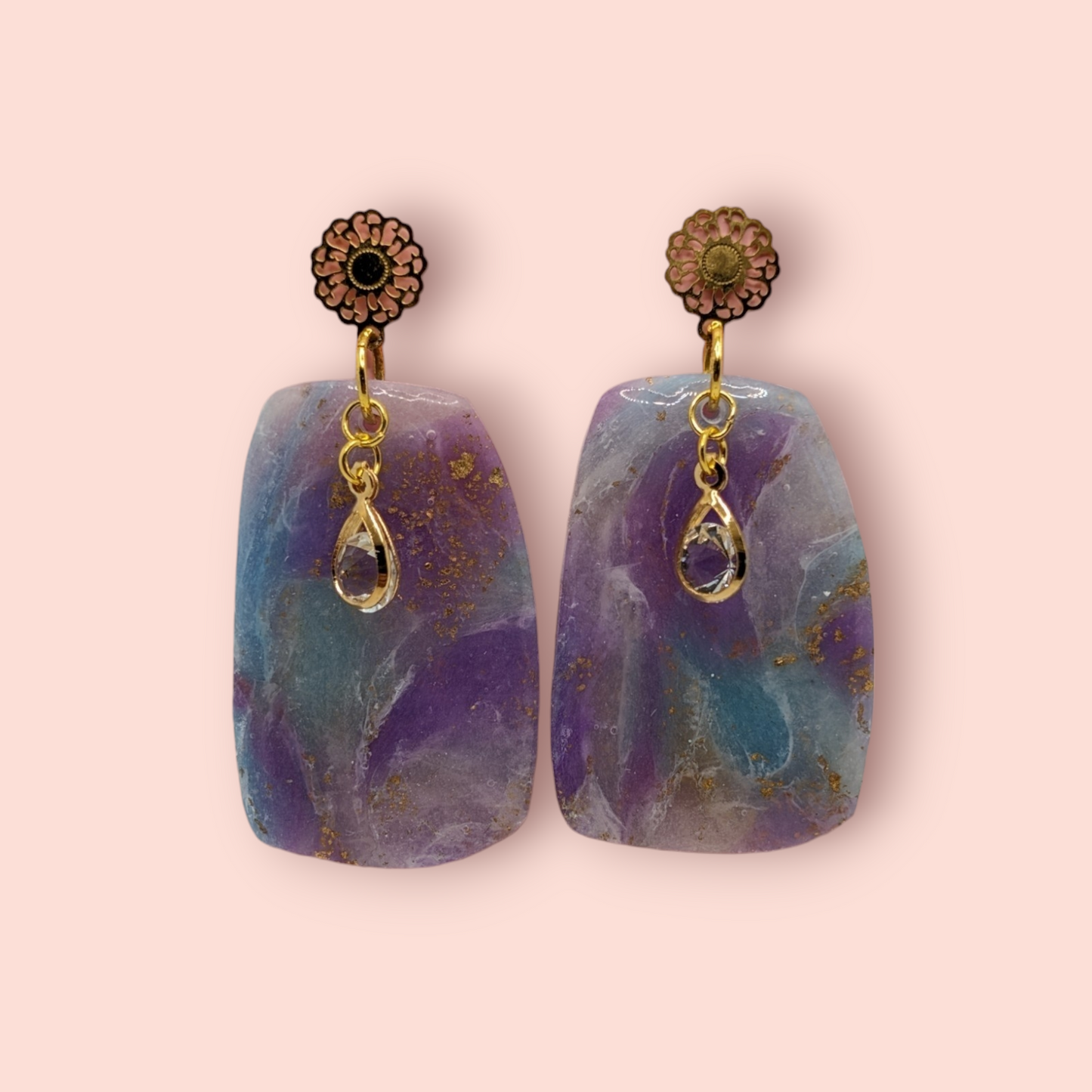 Fluorite fantasy collection polymer clay gemstone inspired drop earrings crystal