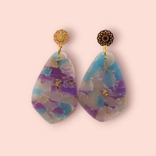 Fluorite fantasy collection polymer clay gemstone inspired drop earrings simple teardrop