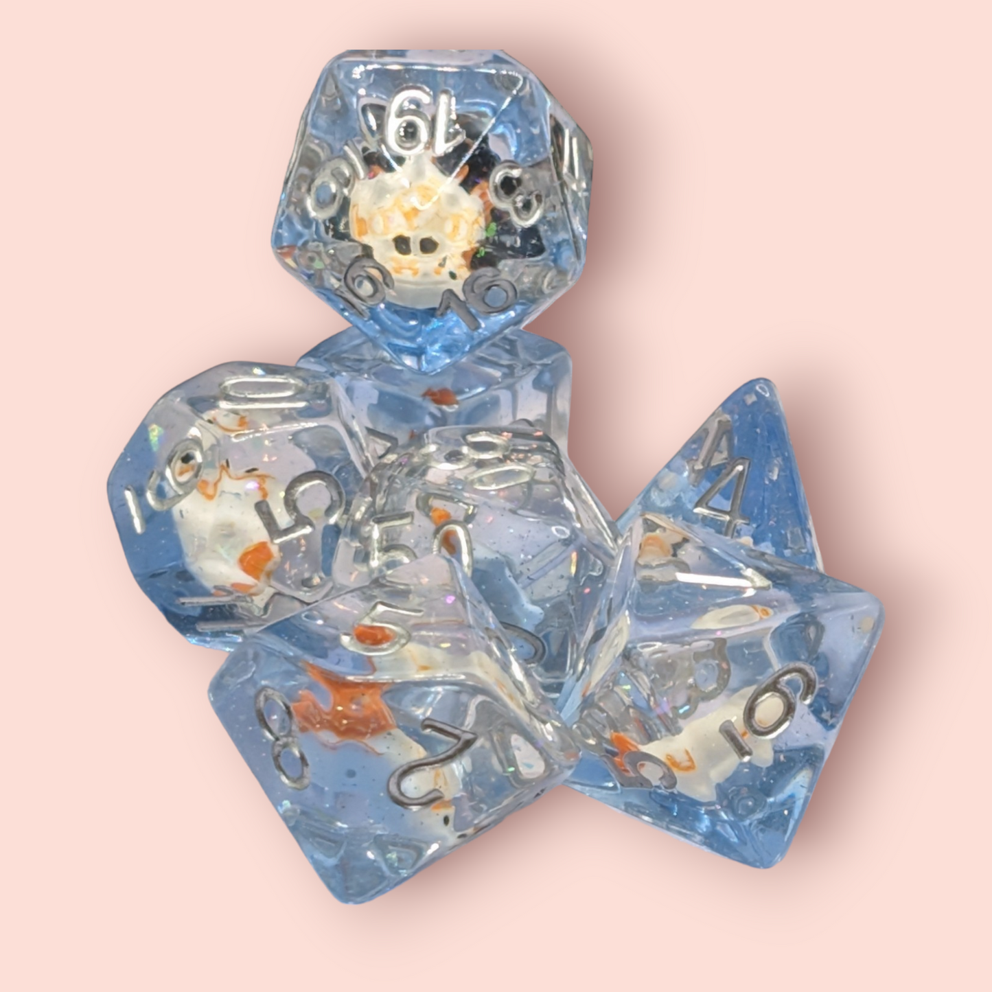 koi fish filled tabletop roleplay gaming polyhedral dice gift set with badge