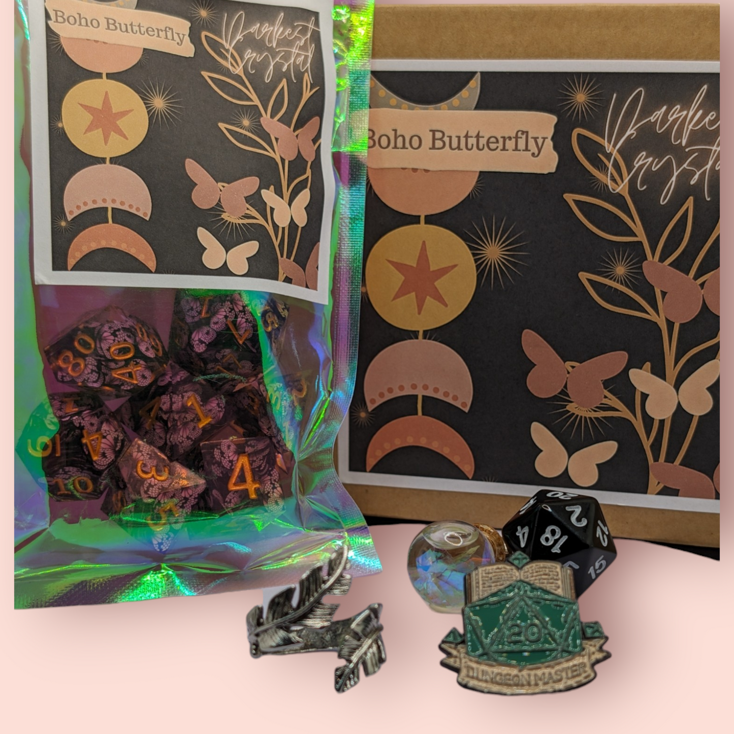 boho butterfly tabletop roleplay gaming polyhedral dice gift set, badge, keyring, ring, dice bag