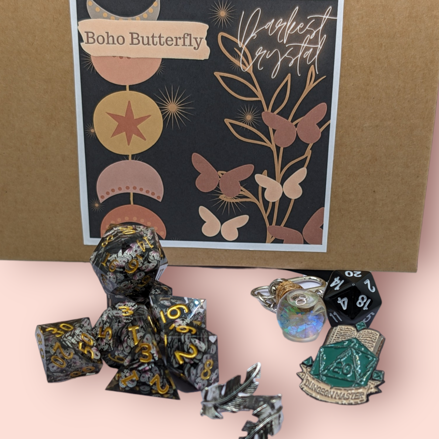 boho butterfly tabletop roleplay gaming polyhedral dice gift set, badge, keyring, ring, dice bag