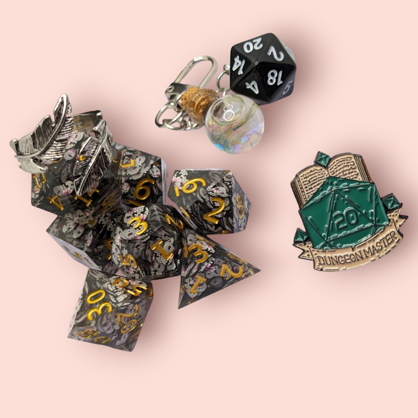 boho butterfly tabletop roleplay gaming polyhedral dice gift set, badge, keyring, ring, dice bag