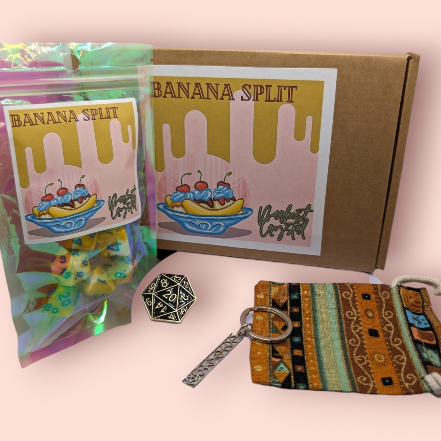 banana split tabletop roleplay gaming polyhedral dice gift set, dice bag, keyring, badge