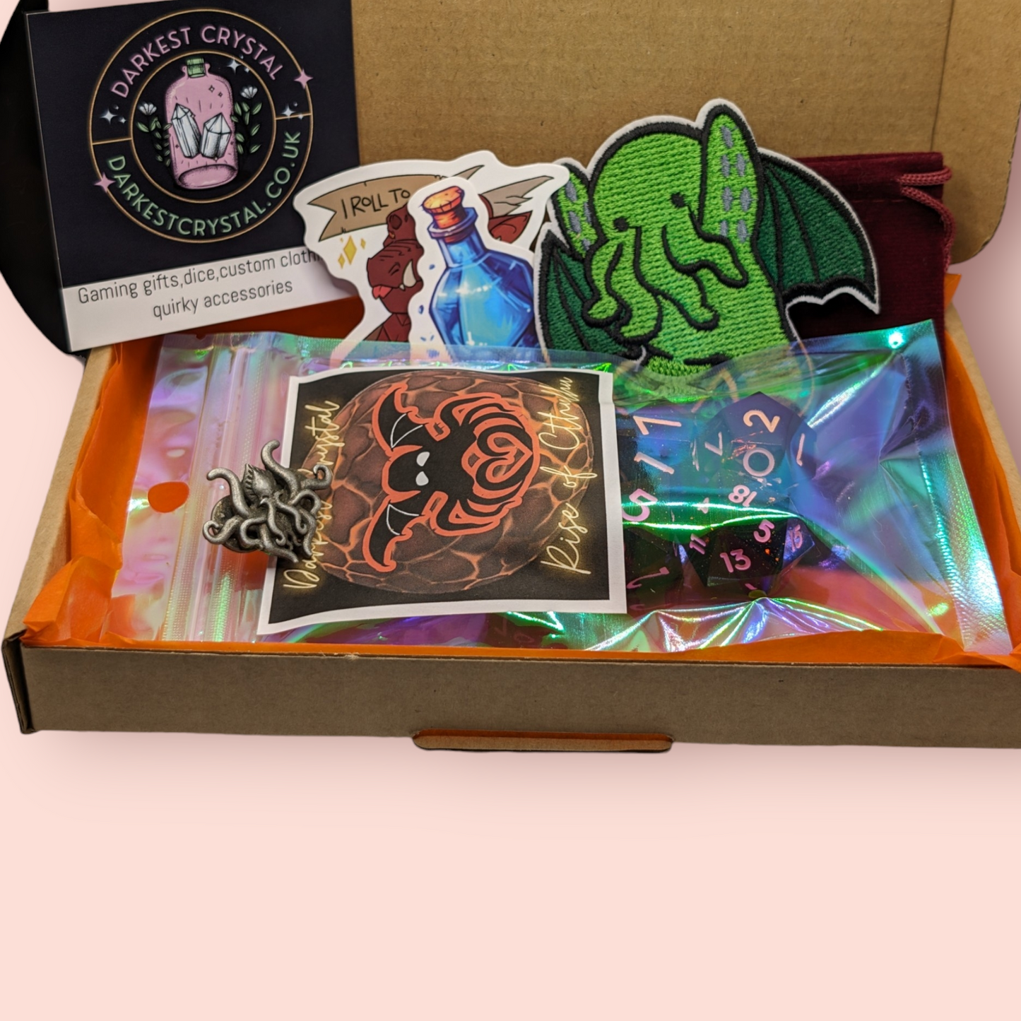 rise of Cthulhu tabletop roleplay gaming polyhedral dice gift set, iron on patch, badge