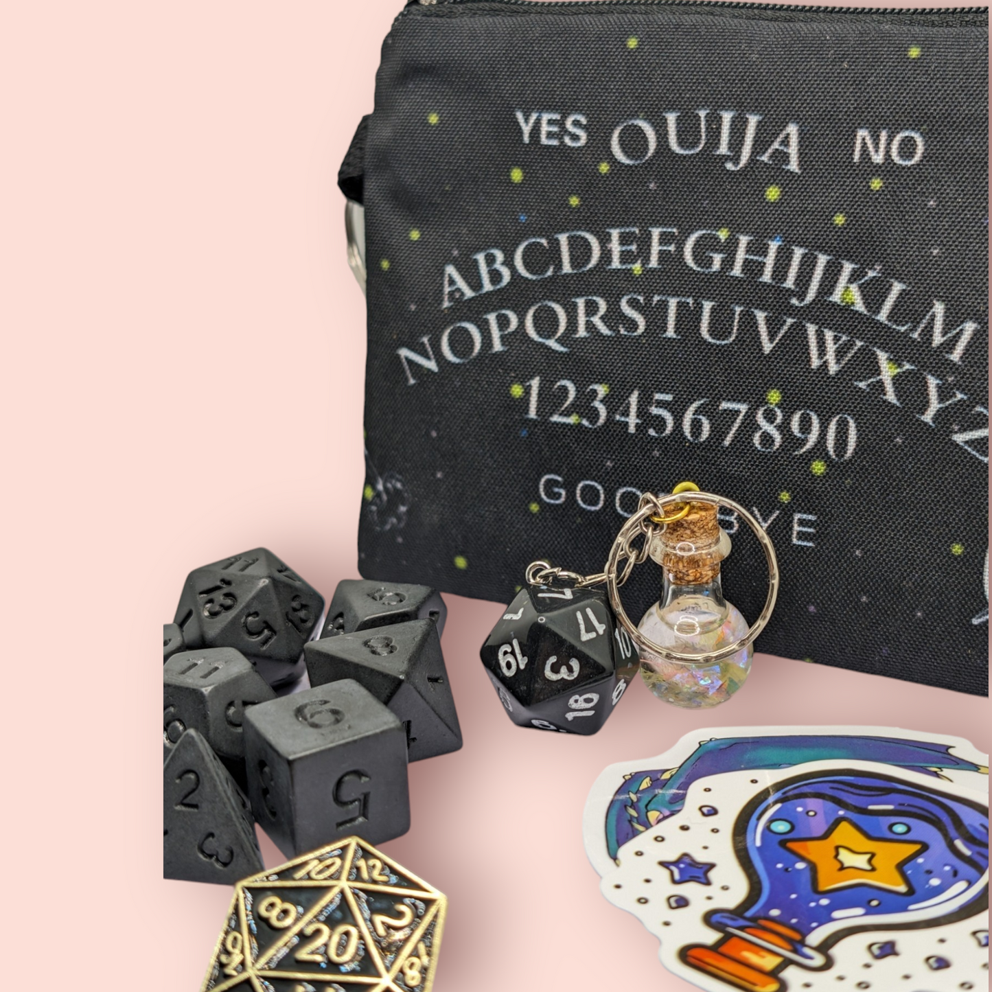 wassup witches gothic tabletop roleplay gaming polyhedral dice gift set, dice pouch, keyring, badge.