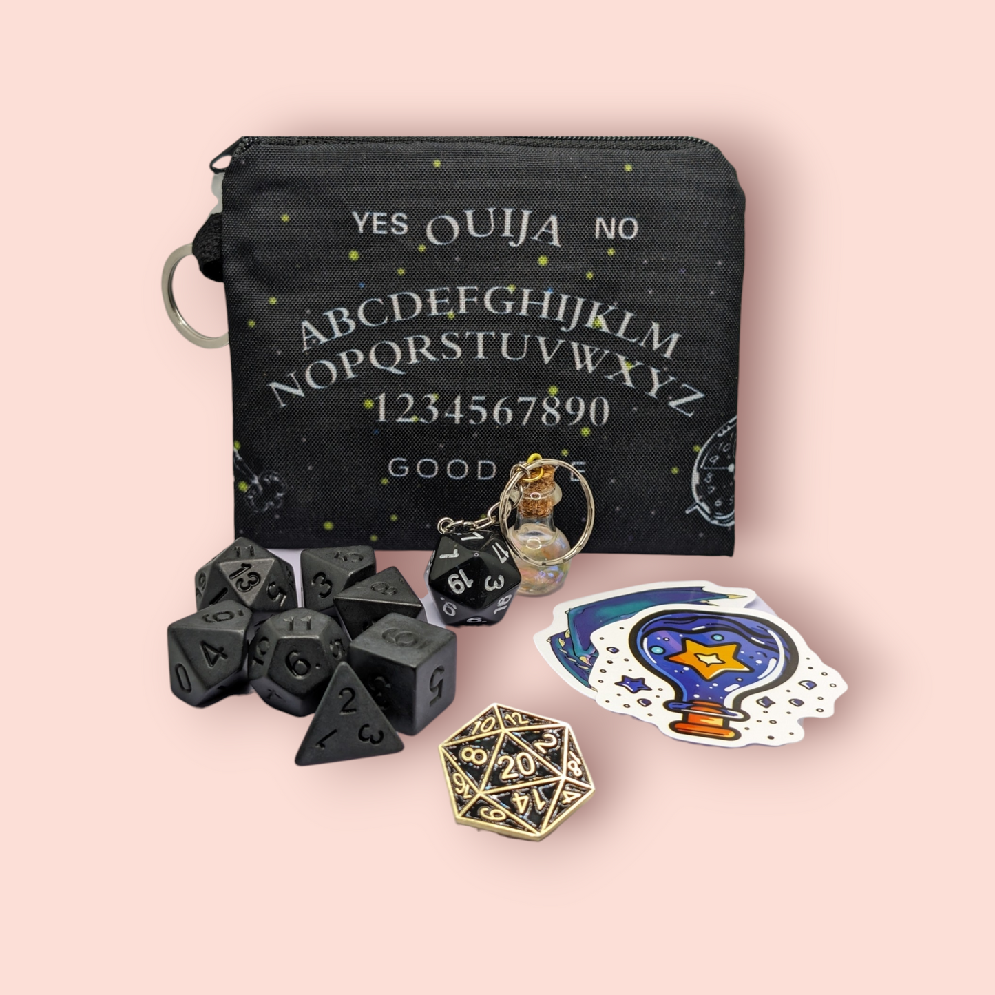 wassup witches gothic tabletop roleplay gaming polyhedral dice gift set, dice pouch, keyring, badge.