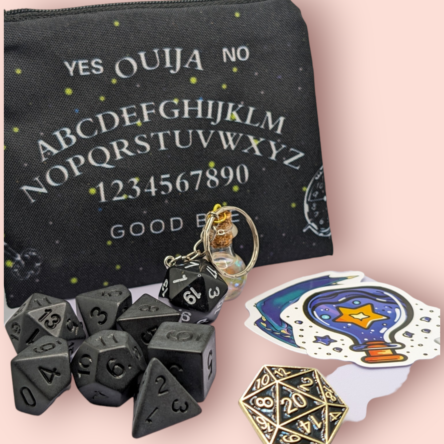 wassup witches gothic tabletop roleplay gaming polyhedral dice gift set, dice pouch, keyring, badge.