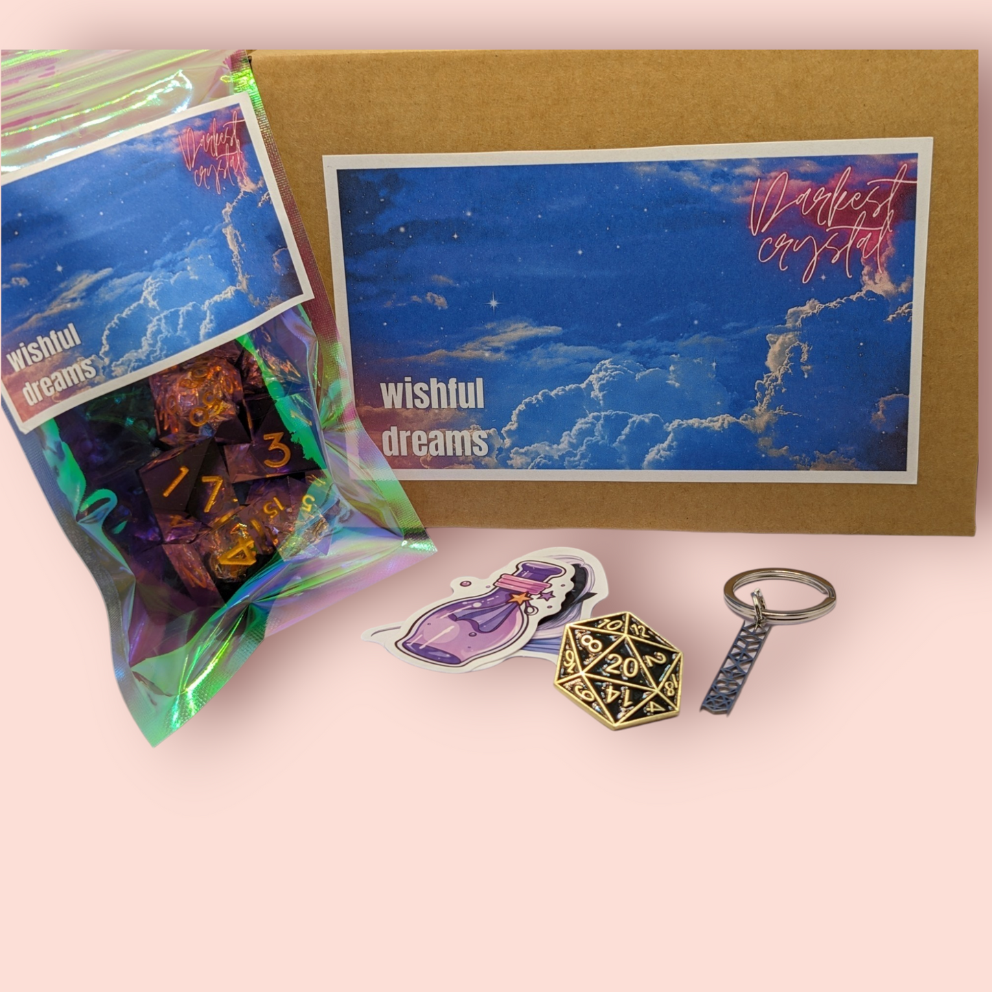 wishful dreams sparkly foil tabletop roleplay gaming polyhedral dice gift set, badeg, keyring.