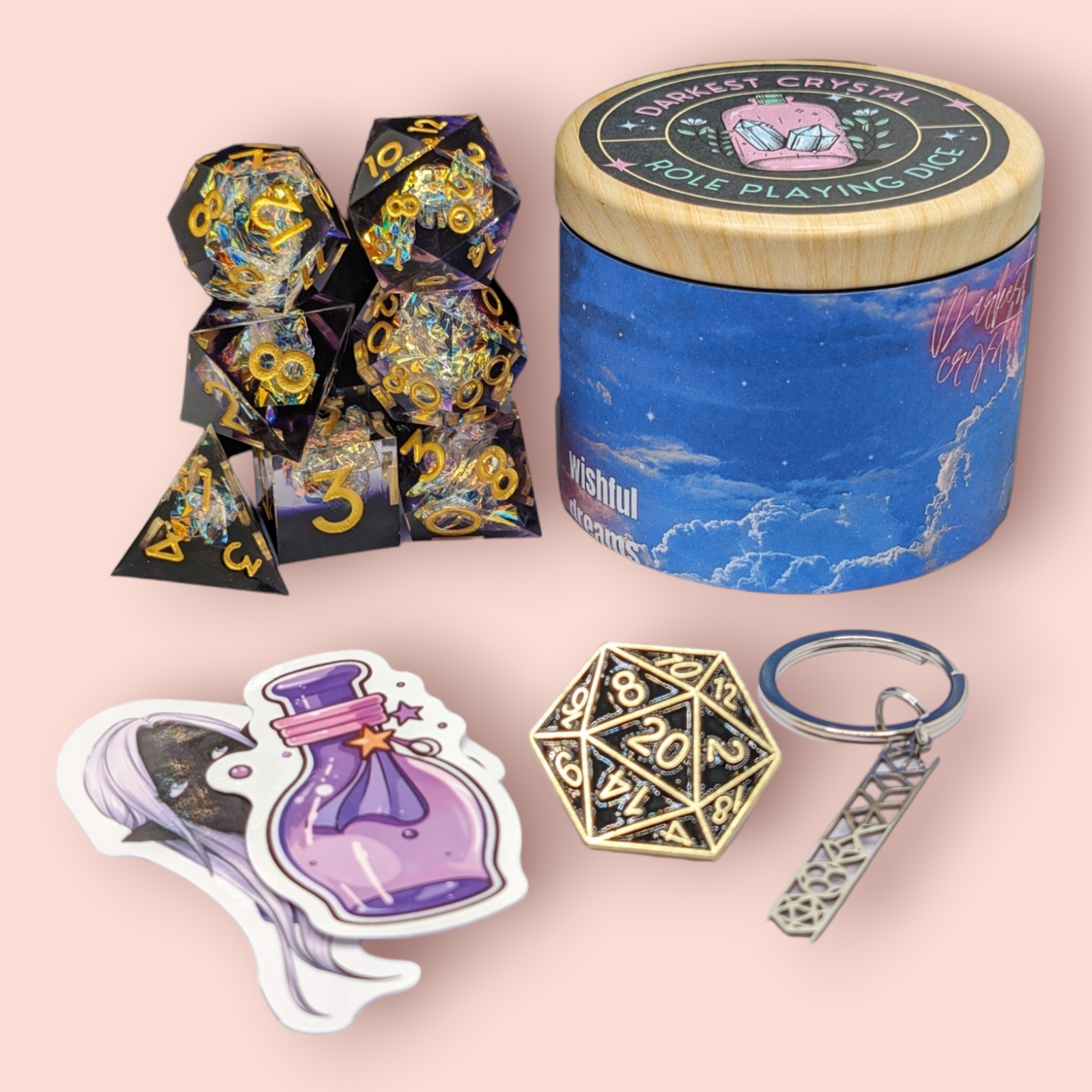 wishful dreams sparkly foil tabletop roleplay gaming polyhedral dice gift set, badeg, keyring.