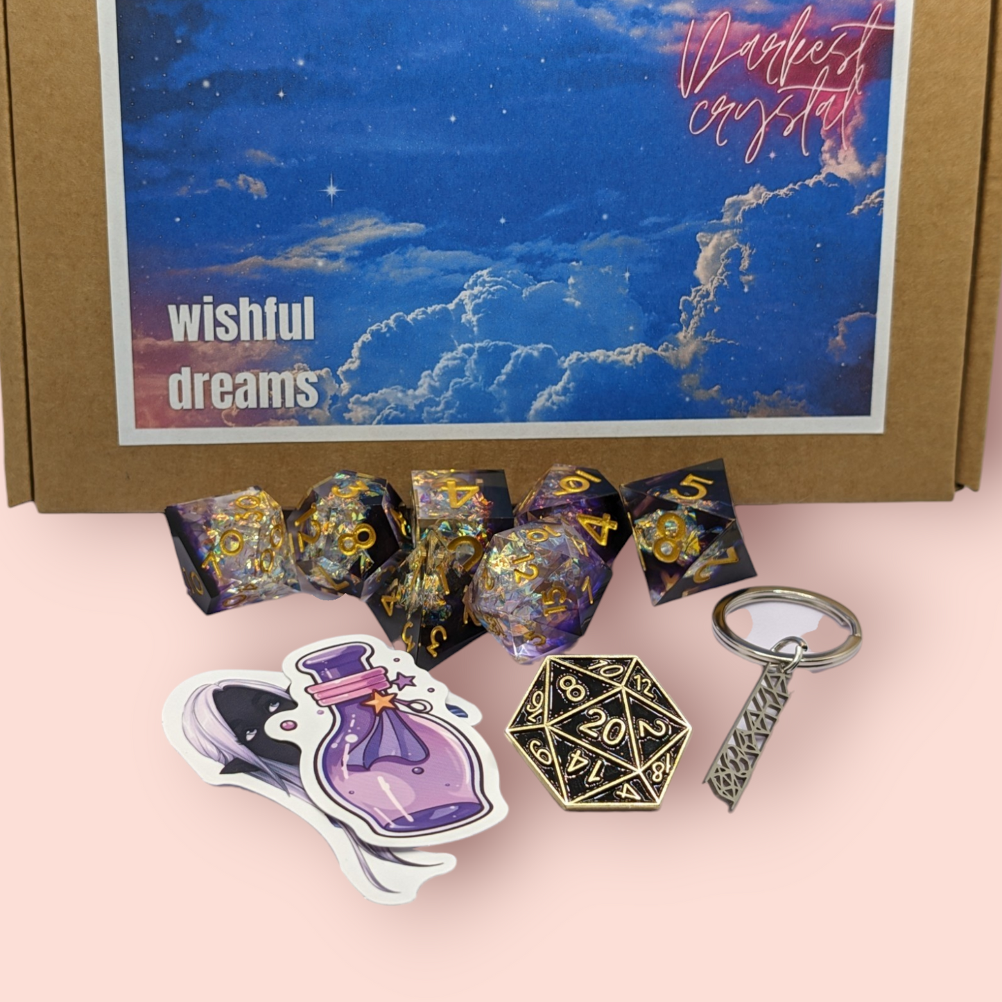 wishful dreams sparkly foil tabletop roleplay gaming polyhedral dice gift set, badeg, keyring.