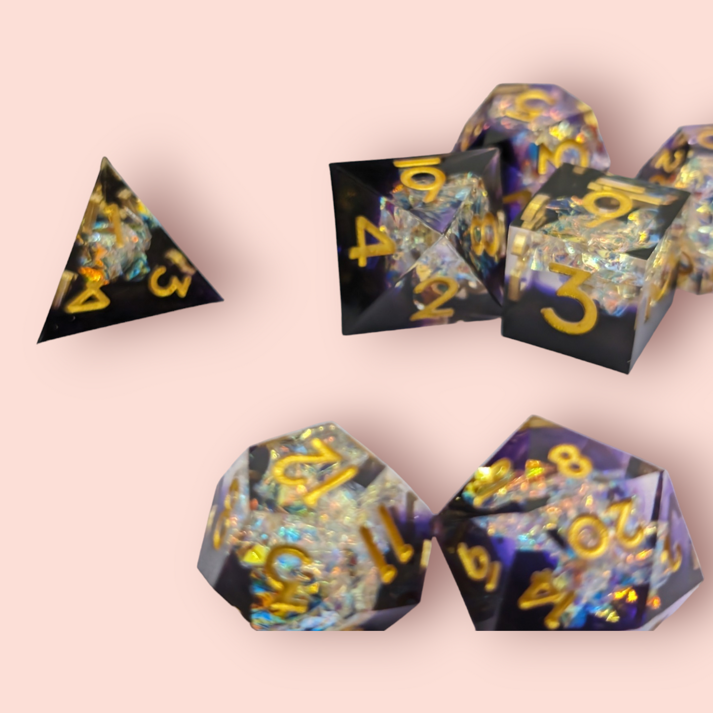 wishful dreams sparkly foil tabletop roleplay gaming polyhedral dice gift set, badeg, keyring.