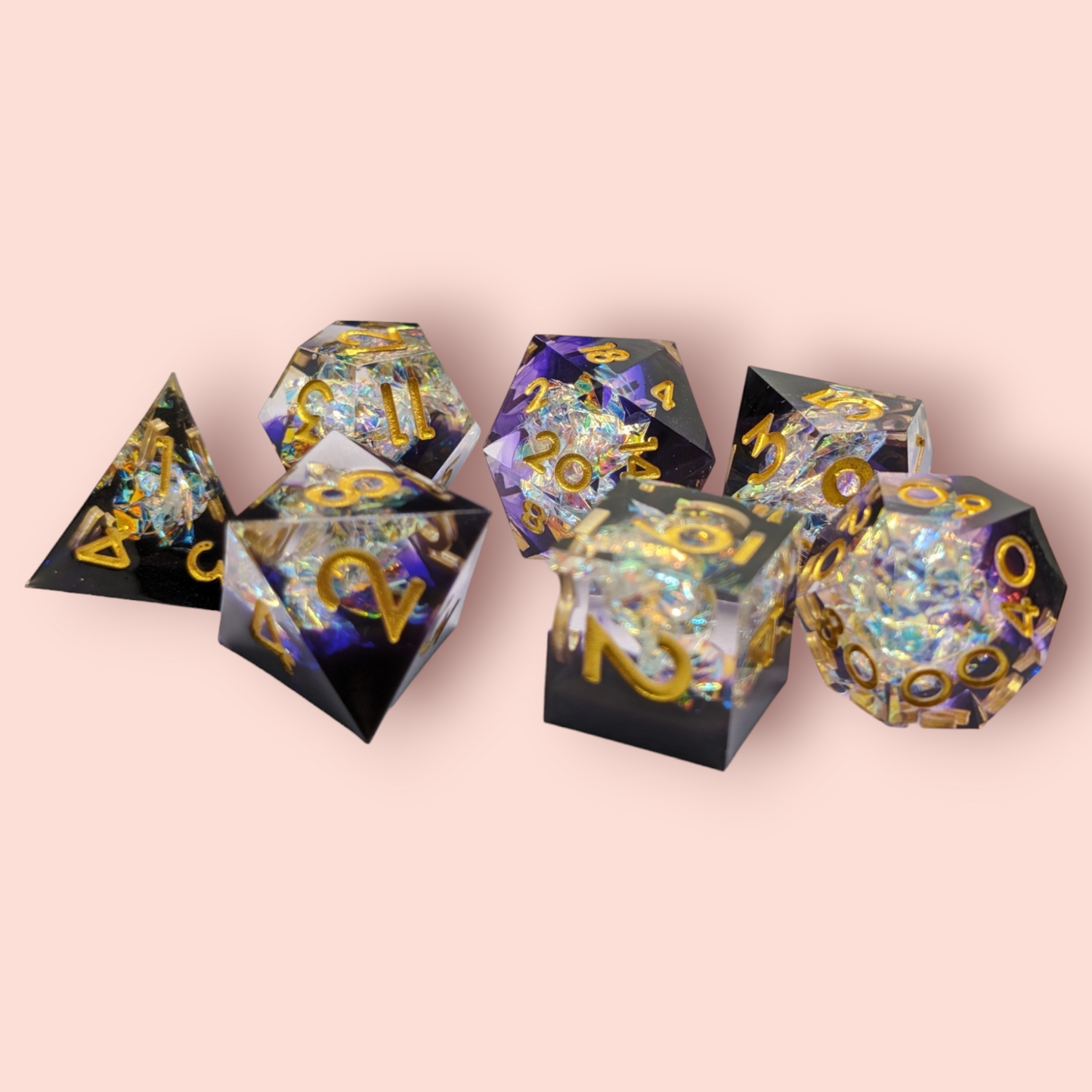 wishful dreams sparkly foil tabletop roleplay gaming polyhedral dice gift set, badeg, keyring.