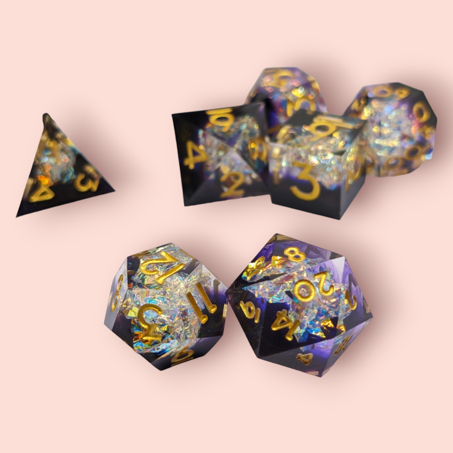 wishful dreams sparkly foil tabletop roleplay gaming polyhedral dice gift set, badeg, keyring.