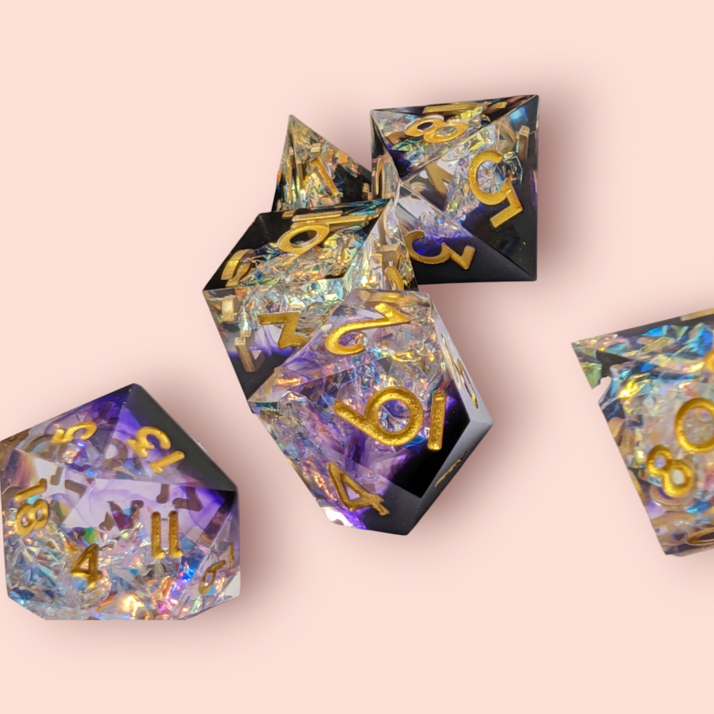 wishful dreams sparkly foil tabletop roleplay gaming polyhedral dice gift set, badeg, keyring.