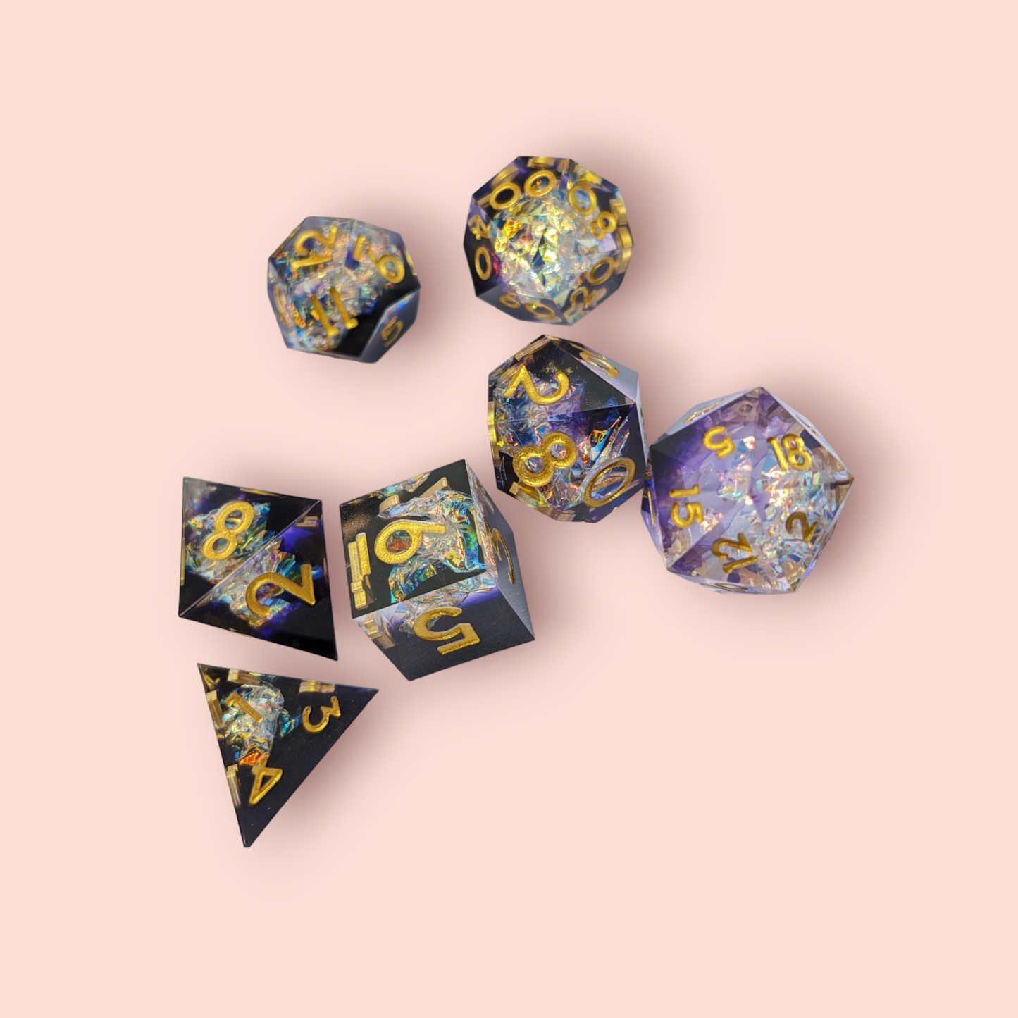 wishful dreams sparkly foil tabletop roleplay gaming polyhedral dice gift set, badeg, keyring.