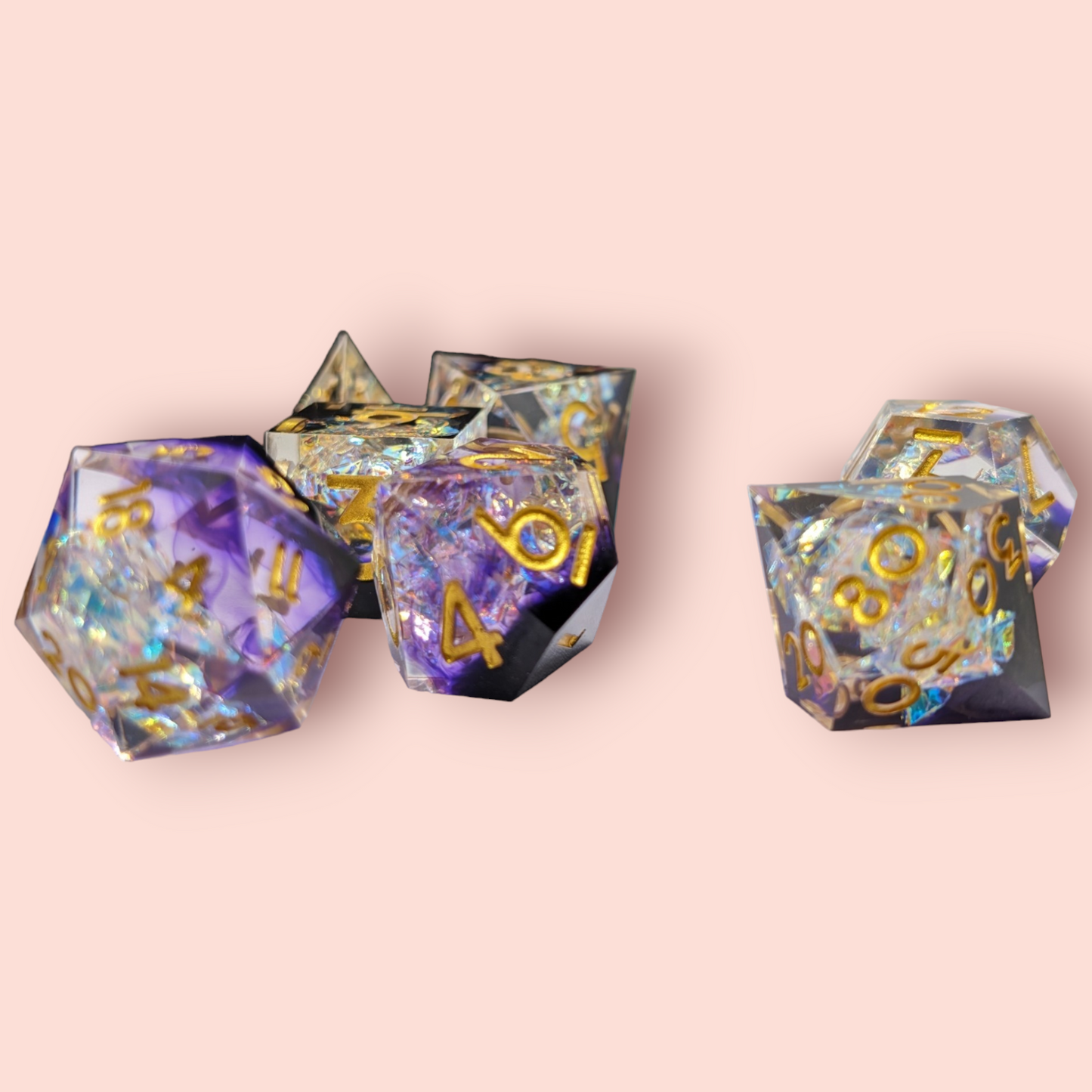 wishful dreams sparkly foil tabletop roleplay gaming polyhedral dice gift set, badeg, keyring.